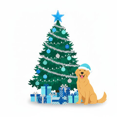happy golden retriever dog in santa hat by blue christmas tree with gifts illustration