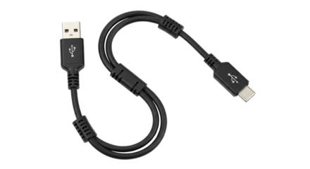Black usb a to usb c cable on a black background in studio shot on transparent background