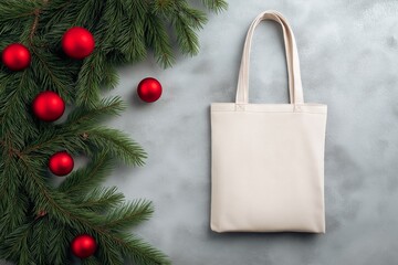 Canvas tote bag hanging on a hook beside soft Christmas garland and red ornaments, creating a festive atmosphere with a minimalist design and seasonal charm