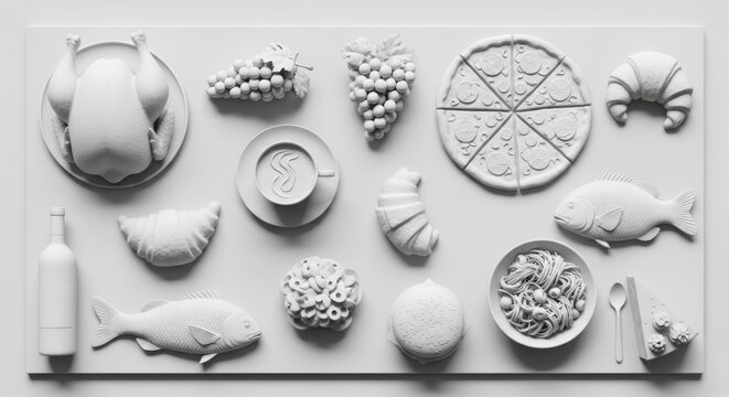 Monochromatic Food Arrangement: A Sculptural Still Life of Culinary Delights