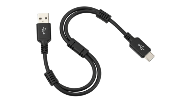 Black usb a to usb c cable on a black background in studio shot on transparent background