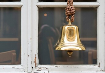 Obraz premium Rustic white wooden window frame with peeling paint and hanging brass bell. Old vintage decorative element for home or shop facade.