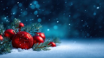 Festive Red Christmas Ornaments and Pine Branches in Snow with Bokeh Background