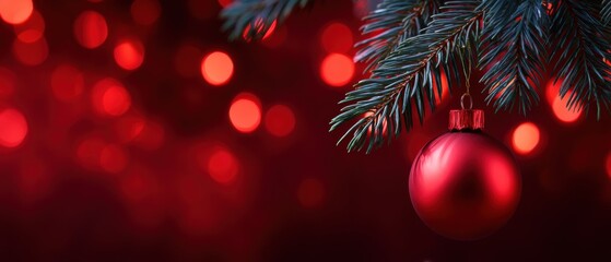 Christmas Background with Red Ornament and Festive Bokeh Lights