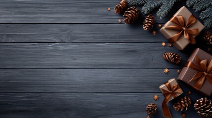 Elegant Christmas Background with Gifts, Pine Cones, and Evergreen Branches on Dark Wood