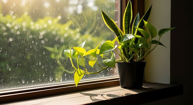 Two green potted houseplants on a wooden windowsill with sunlight streaming through a wet window potted plant