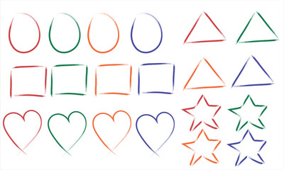 Hand Drawn Colorful Shapes Collection – Sketch Style Circles, Squares, Triangles, Hearts and Stars Outline Set for Design, Icons, Patterns, Stickers, Kids Graphics and Creative Projects
