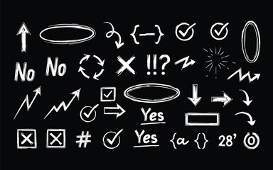 Set of hand drawn arrows in black background