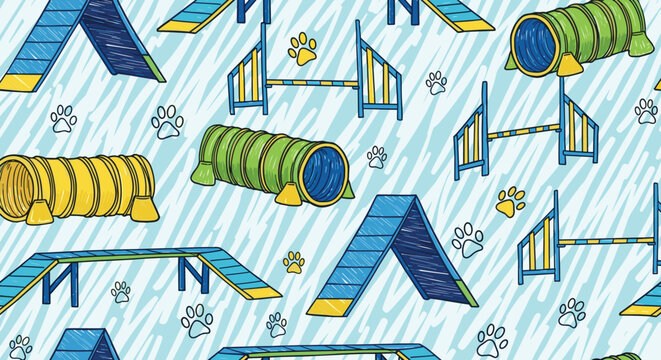Hand-drawn seamless pattern of dog agility equipment, including tunnels and jumps, with a sketchy, textured style and cute paw prints.