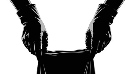 Hands in black gloves holding a garbage bag on transparent background, minimalist style