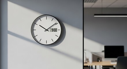 White analog wall clock with black frame displaying 900 on digital screen hangs on light gray wall with sunlight shadows