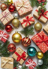 Festive holiday scene with beautifully wrapped gifts, ornaments, and evergreen branches, perfect for conveying warmth and celebration.
