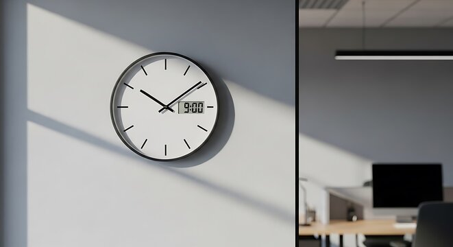 White analog wall clock with black frame displaying 900 on digital screen hangs on light gray wall with sunlight shadows