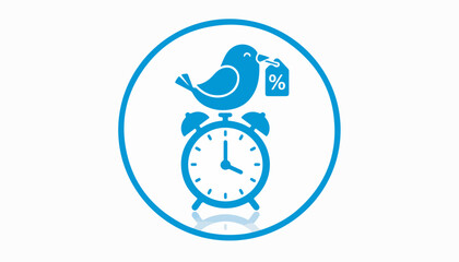 Early Bird Discount Illustration Clock with Bird and Percentage Tag.