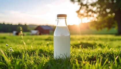 Glass milk bottle on green grass with barn and sunset in background