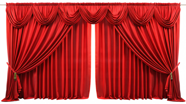 Red velvet stage curtains with ornate swag valance isolated on a transparent background