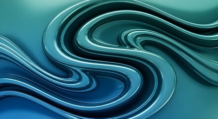 Abstract swirling blue and teal metallic waves with reflective surface