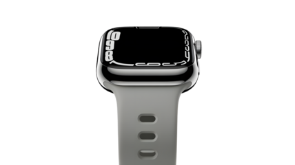 Close-up of a Modern Digital Smartwatch on a Gray Strap Displaying Time, Isolated on White Background