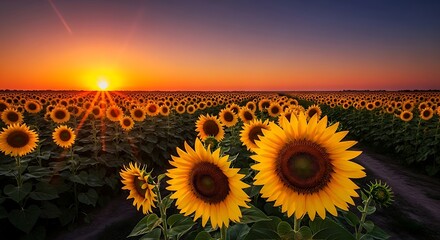 Vast sunflower field at sunset with bright yellow flowers and orange sky agriculture summer image