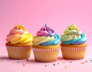 Vanilla cupcakes with rainbow frosting, sugar pearls, and colorful sprinkles on pastel pink background