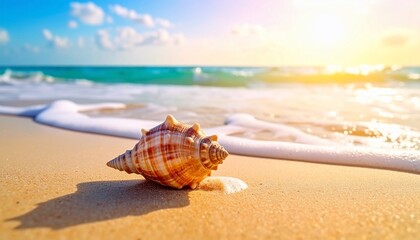 A serene seashell on a sandy beach bathed in the warm glow of the sun