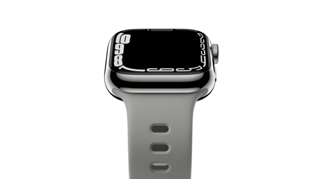 Close-up of a Modern Digital Smartwatch on a Gray Strap Displaying Time, Isolated on White Background