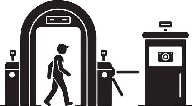 Bold black vector silhouette of a person walking through an airport security checkpoint with a metal detector arch, turnstile, and a facial recognition or ID scan kiosk, symbolizing security