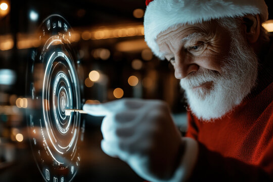 An elderly man with a Santa hat interacts with a futuristic touchscreen interface, showcasing a blend of traditional festive cheer and cutting-edge technology in a modern setting.