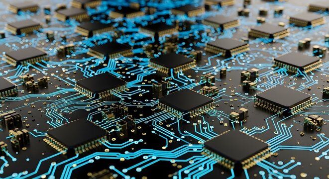 High-tech circuit board with glowing blue traces and microchips