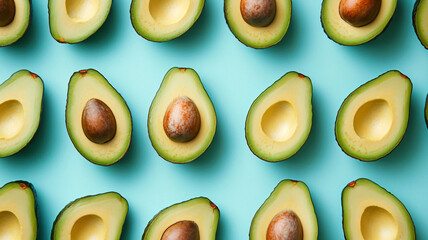 Fresh Avocado Halves Arranged on Light Blue Background for Cooking