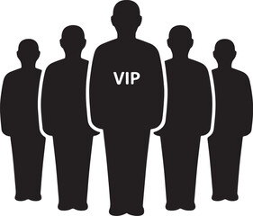 Bold black vector silhouette of a group of five people, with the central, taller figure highlighted with the text "VIP," symbolizing Very Important Person, special status and exclusive access