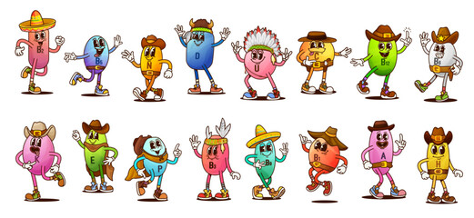 Obraz premium Groovy vitamin characters of cartoon happy pill cowboy, sheriff and bandit. Vector retro y2k vitamins and minerals, funky groovy multivitamin and food supplement capsules with Wild West Western hats