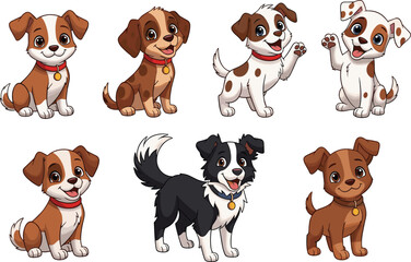 Cute cartoon puppy collection featuring different playful dog breeds in various poses, perfect for kids’ illustrations, stickers, pet designs and character sets.