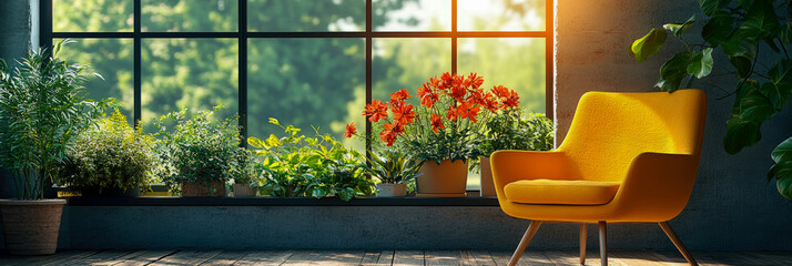 Warm sunlit interior featuring cozy yellow armchair and diverse collection of vibrant potted plants, including striking orange blooms, on wide windowsill overlooking serene, lush green garden.