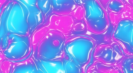 Iridescent liquid droplets with pink and blue hues