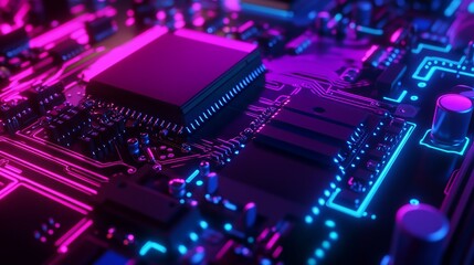 Obraz premium Retro Futurism Vaporwave Circuitry PCB Microchip Digital Background. Electronic hardware motherboard abstract technology neon design aesthetic background.