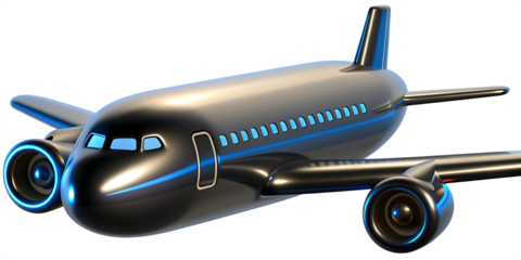 Sleek silver passenger jet with blue accents isolated on a transparent background