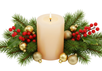Christmas tree branch with candle and decorations isolated on white or transparent background