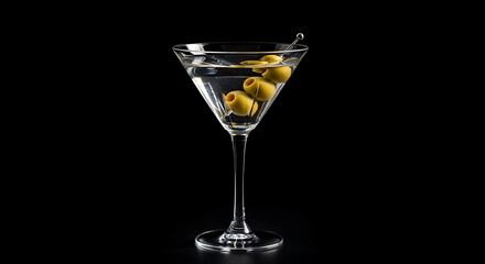 Elegant martini cocktail with green olives in a classic glass, isolated against a black background for a sophisticated and timeless aesthetic