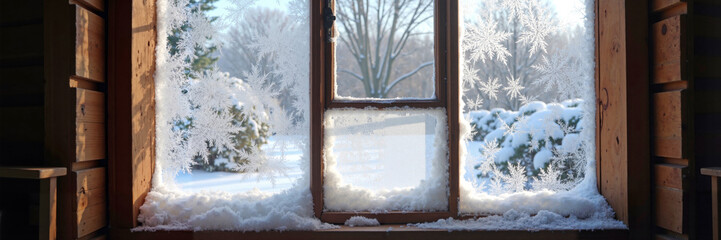 Wooden window with intricate ice crystal patterns framing serene snowy landscape, representing cozy indoor tranquility and seasonal beauty