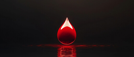 Glossy Red Water Drop on Reflective Surface with Dark Background