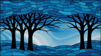 Abstract stained glass mosaic depicting silhouetted trees against a swirling blue sky