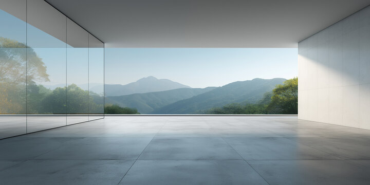 Sleek, contemporary interior opens to stunning mountain vista through wide architectural frame. Clean concrete floor and empty copy space create perfect backdrop for auto background, product display.