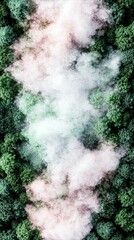 An abstract aerial view of a dense green forest with a large, swirling cloud or mist in the center, creating a textured, dreamlike effect.