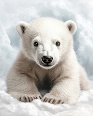 A polar bear cub exploring a snowy landscape, surrounded by icy formations