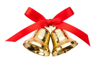 Golden christmas bells red ribbon isolated on white or transparent background