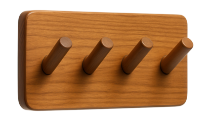 Wall-mounted wooden bag holder with pegs, ideal for hanging tote bags in a mudroom.