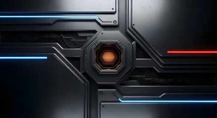 Futuristic metallic panel with glowing orange core and blue red light lines