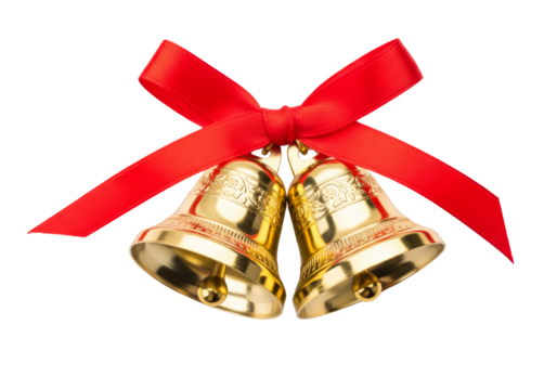 Golden christmas bells red ribbon isolated on white or transparent background