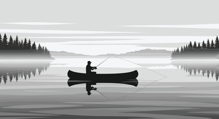 Monochrome landscape of a lone fisherman fly fishing from a canoe on a calm, misty lake with his reflection in the still water.